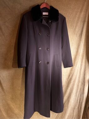 1980s Wool Blend Maxi Coat Black Double Breasted Faux Fur Collar Made in Canada